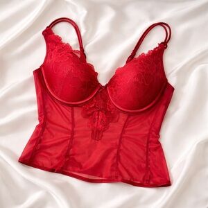 Y2K Red Lace Corset Bustier Top Sheer Mesh Underwire Bra Top Vintage 2000s